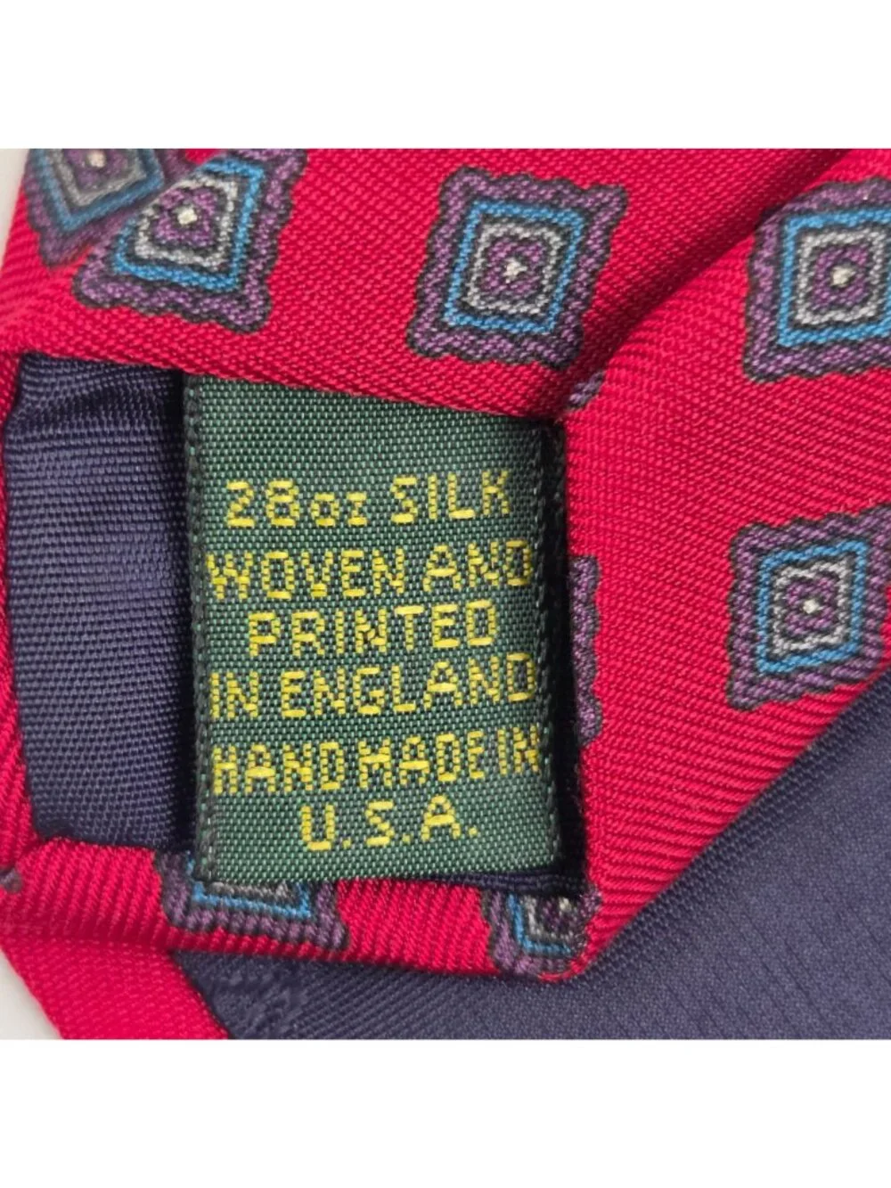 Club Room Tie Mens Silk Red Background Geometric Blue Square Medallion Pattern